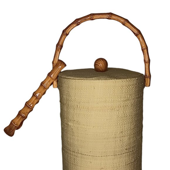 SOLD - Ice Bucket Grasscloth Raffia Faux Bamboo Handle MatchingTongs MCM BOHO - Picture 2 of 13